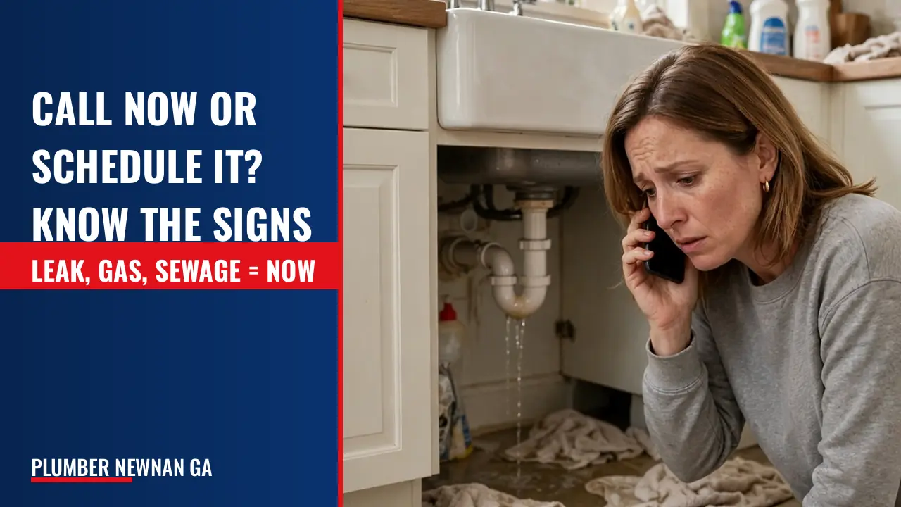 Call now versus schedule: is this an emergency (active leak, gas smell, sewage backup) or a symptom that can wait?