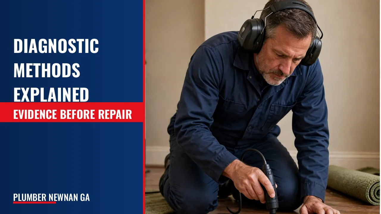 Diagnostic methods (leak detection, video pipe inspection, hydro-jetting, camera evidence) are named but never explained as a decision step.