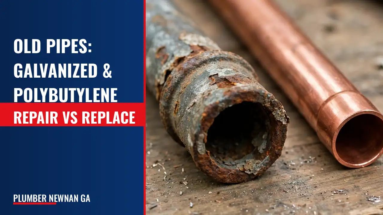 How does an aging home's pipe material, such as galvanized or polybutylene, affect repair versus repipe decisions?