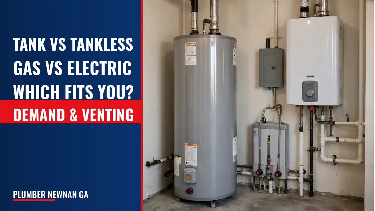 Tank versus tankless water heater, and gas versus electric, given household demand, venting, and installed cost.