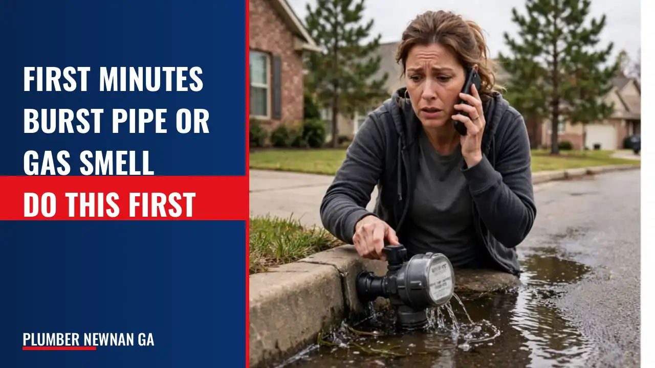 What should a homeowner do in the first minutes of a burst pipe or gas smell before the plumber arrives?
