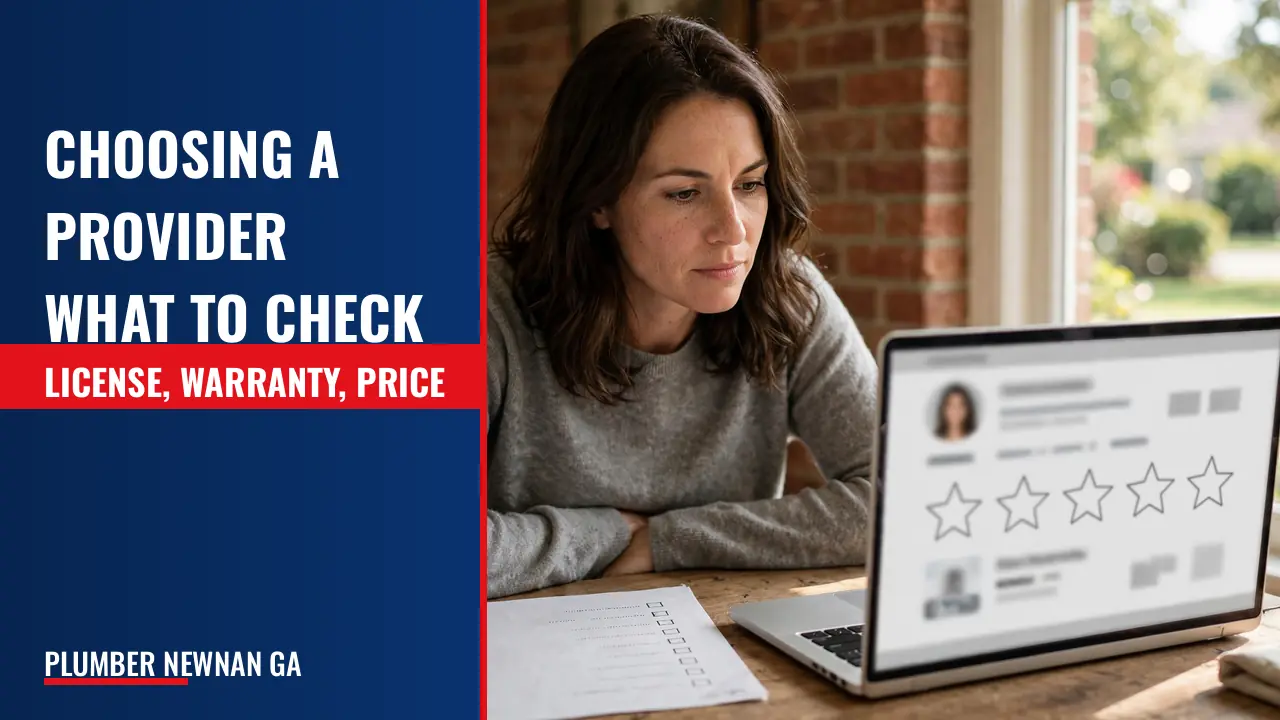 Which provider: licensing, insurance, warranty length, response time, reviews, and clear pricing.